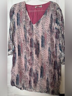 Geren Ford Pink Navy Abstract V-Neck Tunic 100% silk sz XL pastel